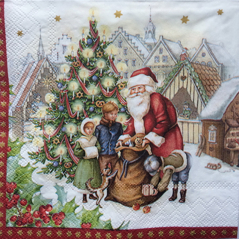 Новогодняя салфетка для декупажа Санта с подарками у елки