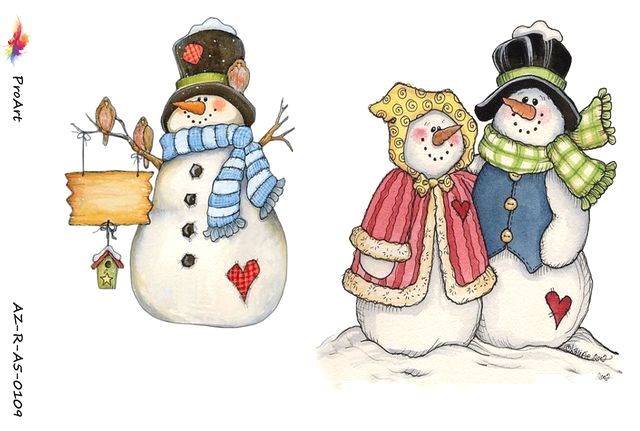 Новогодлняя рисовая бумага для декупажа Снеговики