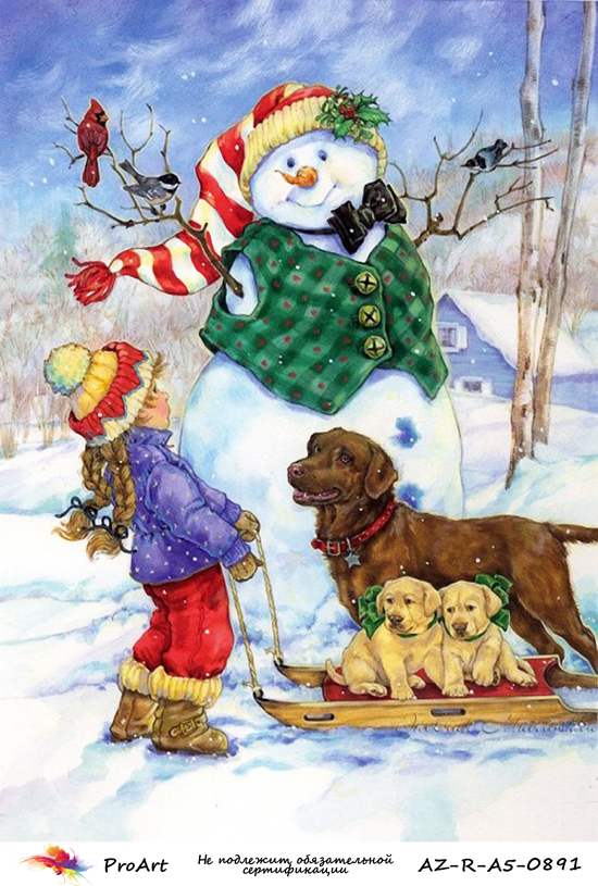 Новогодняя рисовая бумага для декупажа Снеговик, девочка и собаки