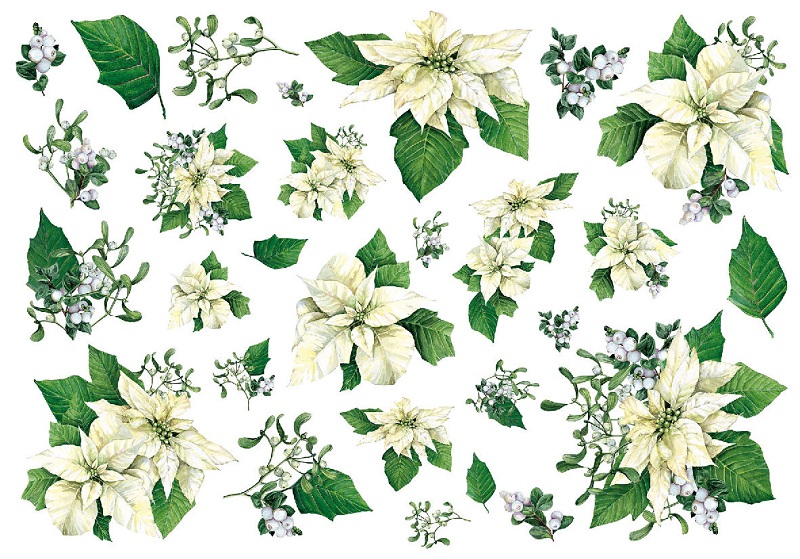 Рисовая новогодняя бумага для декупажа Renkalik цветы Белая пуансеттия