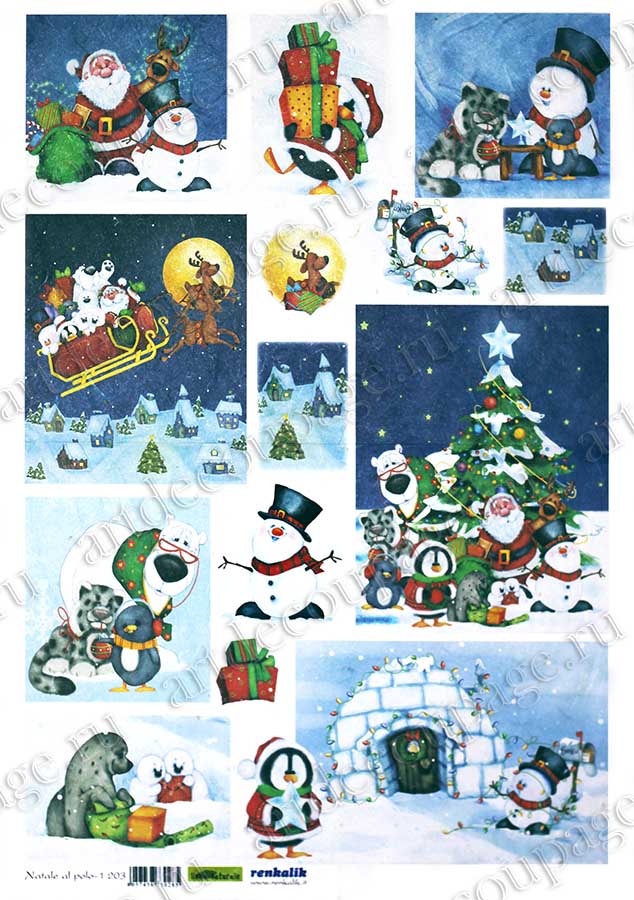 Рисовая бумага для декупажа новогодняя детская, Рождественские приключения, снеговики, олененок, белки, купить