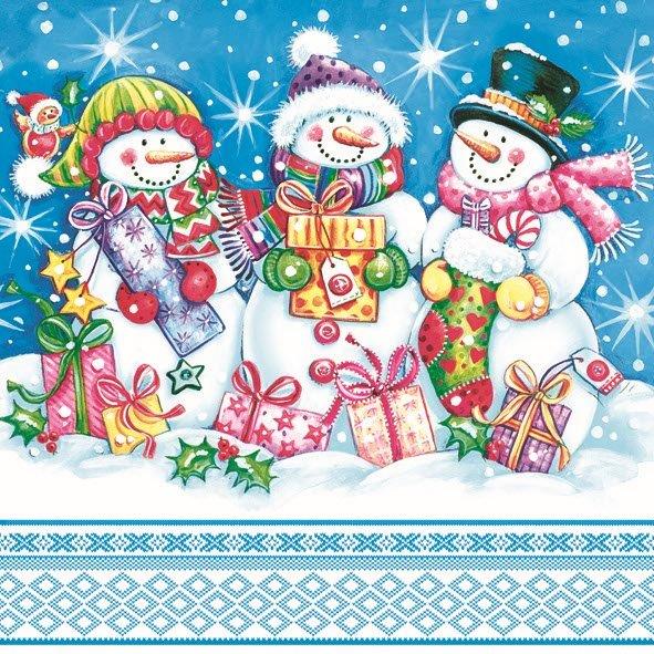 Новогодняя салфетка для декупажа Снеговики с подарками