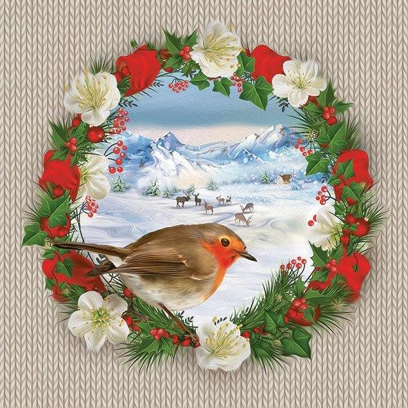 Новогодняя салфетка для декупажа Зимний пейзаж и птичка