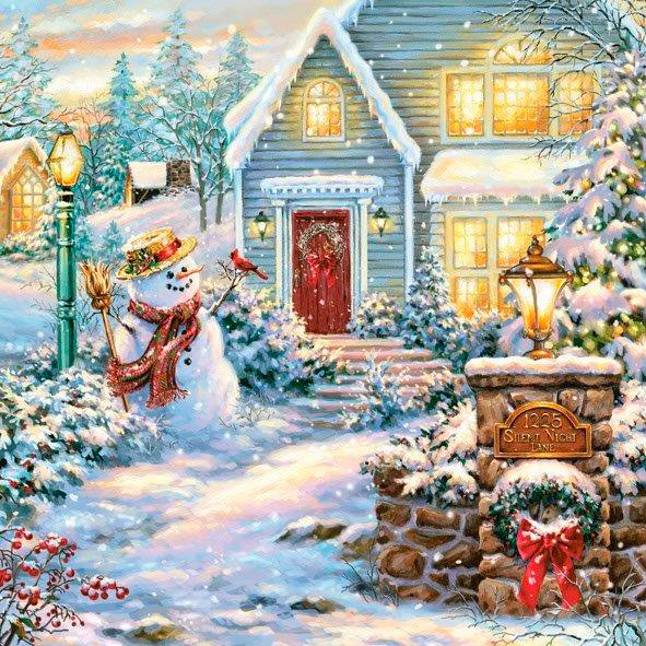 Новогодняя салфетка для декупажа Снеговик и зимний дом