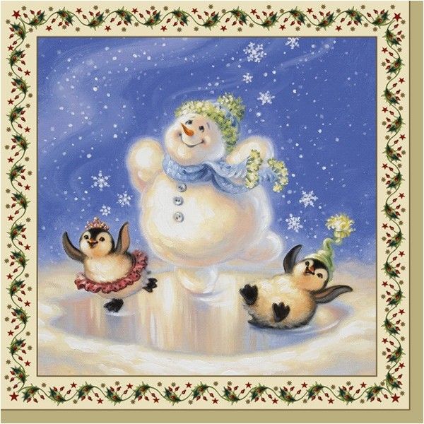 салфетка новогодняя для декупажа Снеговик и пингвины