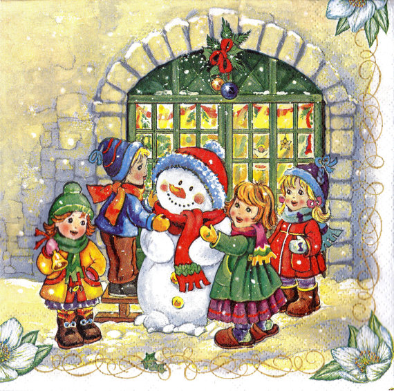 Новогодняя салфетка для декупажа Снеговик и дети