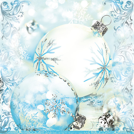 Новогодние салфетки для декупажа, Елочные шары голубой фон орнамент