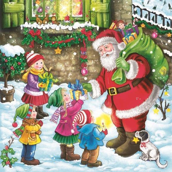 Новогодняя салфетка для декупажа Санта с подарками и дети