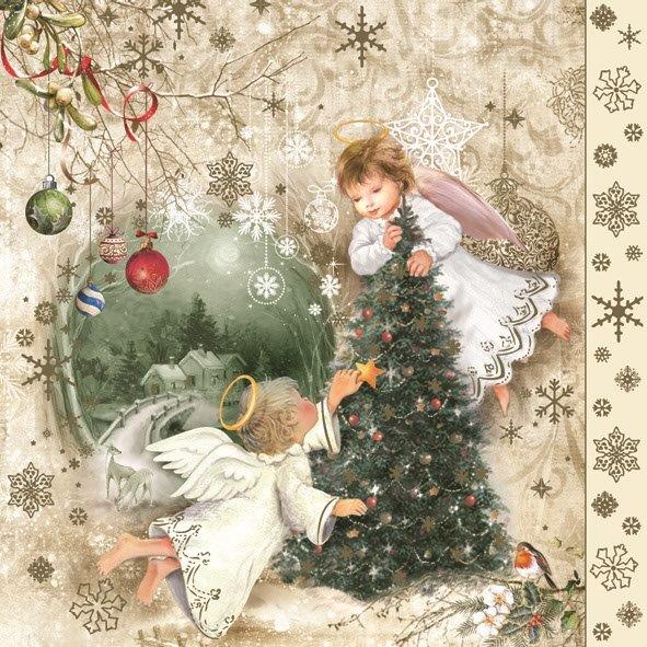 Новогодняя салфетка для декупажа Ангелы и Рождественская ёлка