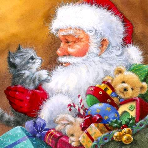 Салфетка для декупажа новогодняя Санта с котенком