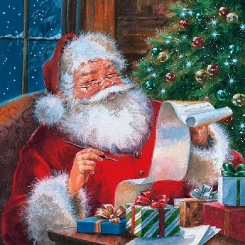 Салфетка для декупажа новогодняя Санта Клаус со списком подарков