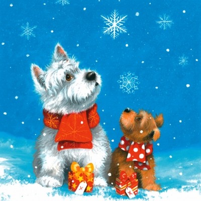 Салфетка для декупажа новогодняя Собаки и снежинки