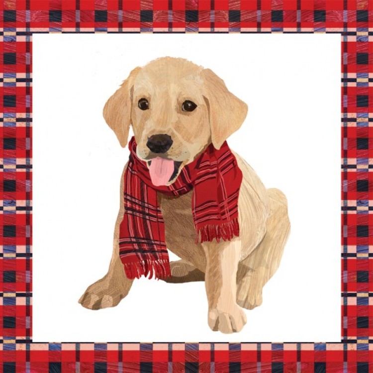 новогодние салфетки для декупажа Белая собака с красном шарфом