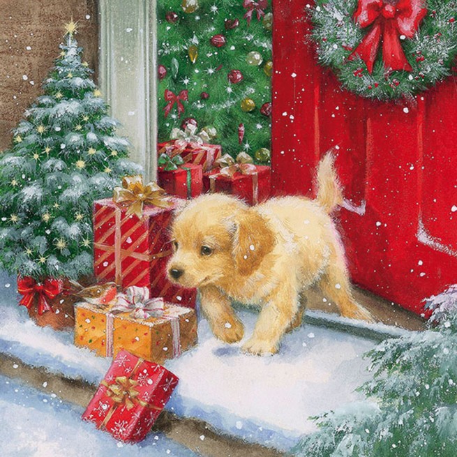 Новогодняя салфетка для декупажа Рождественский щенок, купить
