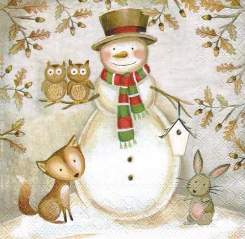 Новогодняя салфетка для декупажа Лесной снеговик, купить
