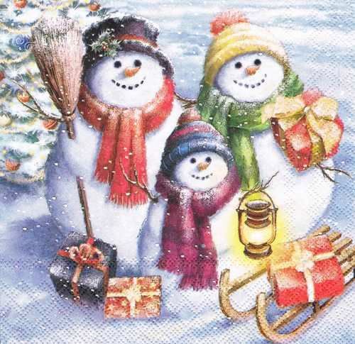 Новогодняя салфетка для декупажа Семья снеговиков, купить
