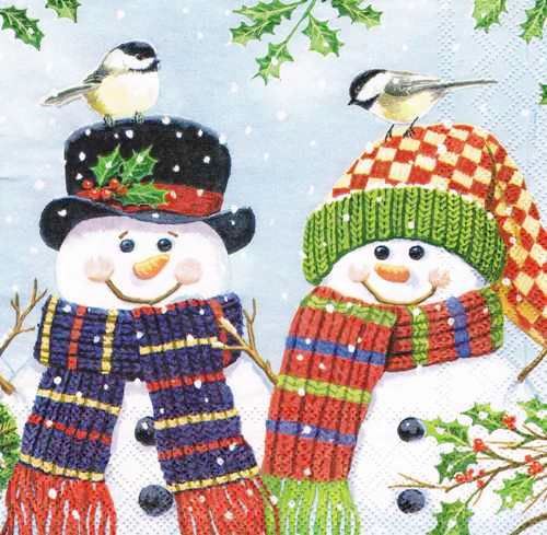 Новогодняя салфетка для декупажа Пара снеговиков, купить