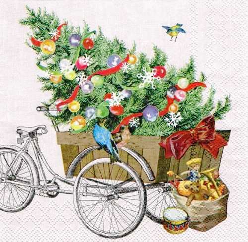Новогодняя салфетка для декупажа Велосипед с ёлкой, купить