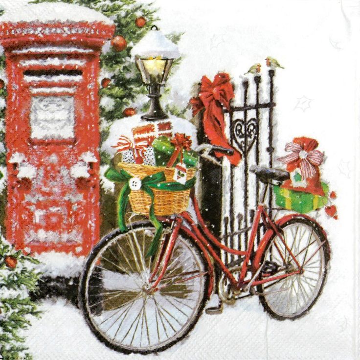 Новогодняя салфетка для декупажа Велосипед с подарками