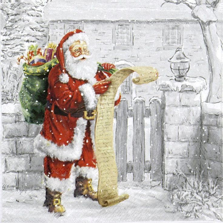 Новогодняя салфетка для декупажа Санта со списком желаний