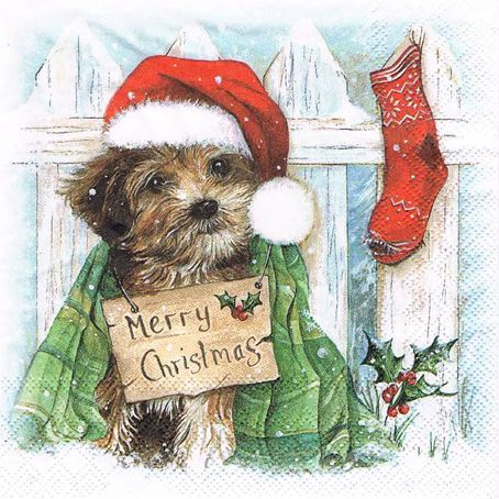 Новогодняя салфетка для декупажа Рождественский щенок
