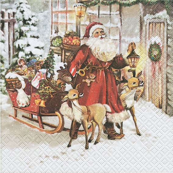 Новогодняя салфетка для декупажа Санта с оленями, купить