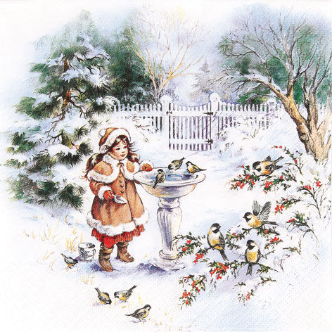 Новогодняя салфетка для декупажа Маленькая Софи и зимние птицы