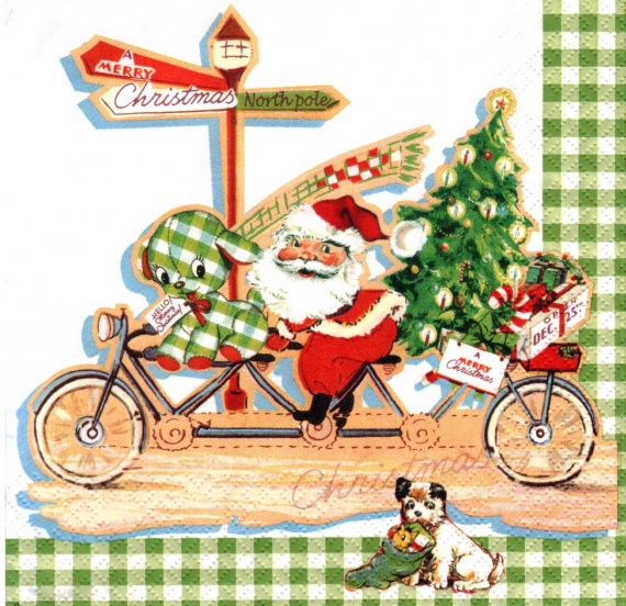 Новогодняя салфетка для декупажа Дед Мороз на велосипеде, АртДекупаж