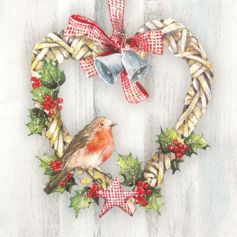 Новогодняя салфетка для декупажа Рождественский венок и птичка