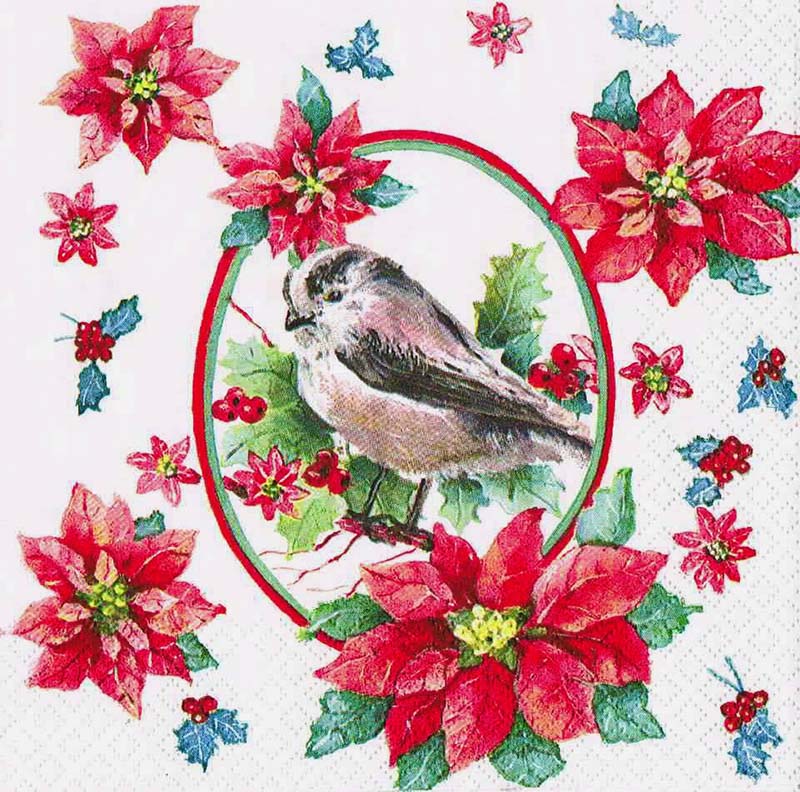 Новогодняя салфетка для декупажа Зимняя птица и пуансетия