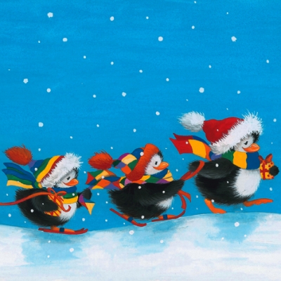 Салфетки для декупажа новогодние Пингвины на лыжах