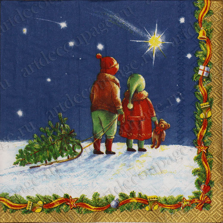 Новогодние салфетки для декупажа Рождественская звезда, дети, купить, АртДекупаж