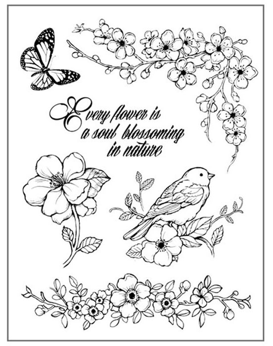 Штампы резиновые, набор Цветущие ветки, птица и бабочка Stamperia WTKCC115